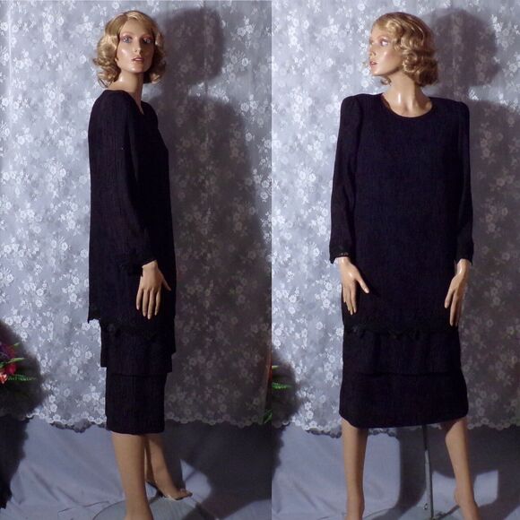 Vintage 80s Black Dress 1980s Drop Waist Flapper Goth Dark Romance Size Medium - Picture 1 of 6